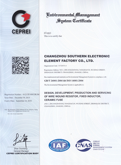 Environment management system ISO 14001 certificate